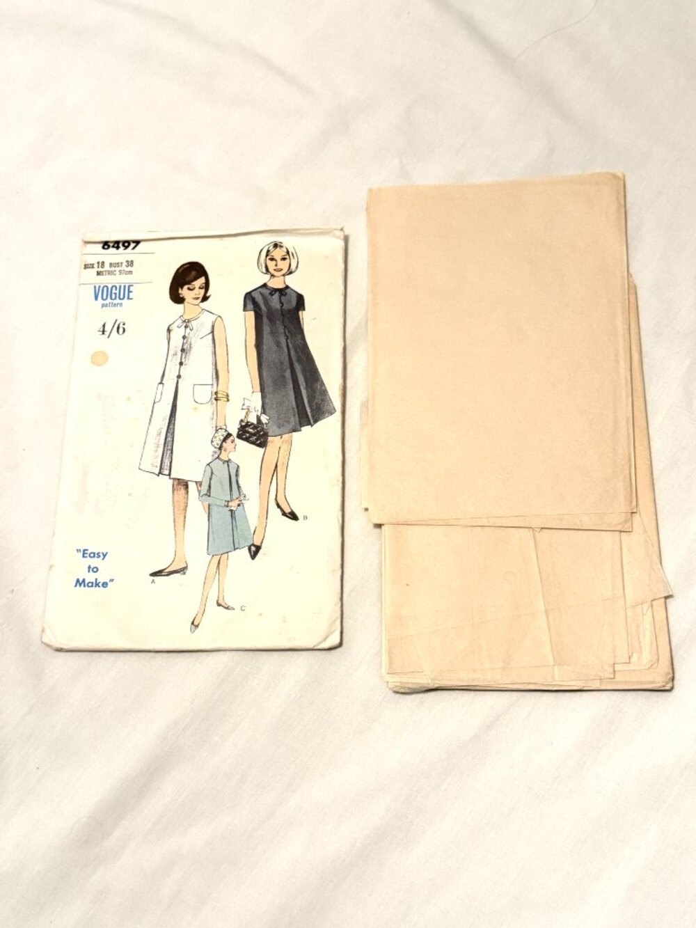 Vintage 60s Vogue Sewing Pattern 6497 Size 18 Swing Trapeze Dress Jackie O